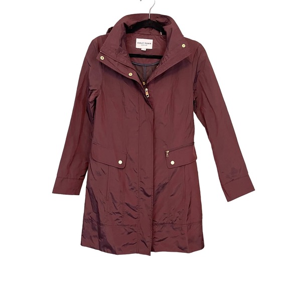 Cole Haan Burgundy Signature Back Bow Packable Zip Hooded Jacket Size XS… - Picture 1 of 12